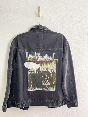 Led Zeppelin Up-Cycled Distressed Black Denim Trucker Jacket Zeppelin graphic
